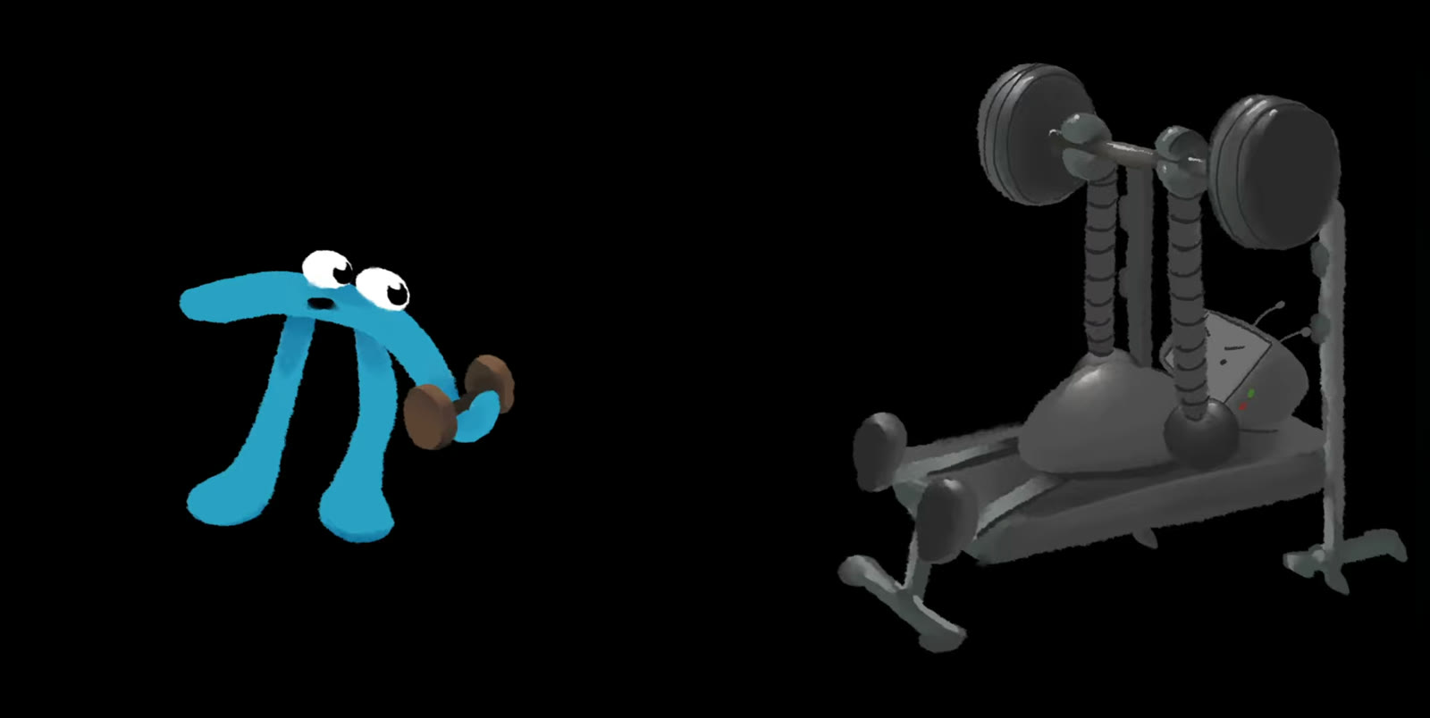 The blue pi creature from 3Blue1Brown curls a pair of dumbbells while a gray robot bench-presses a heavy barbell beside it
