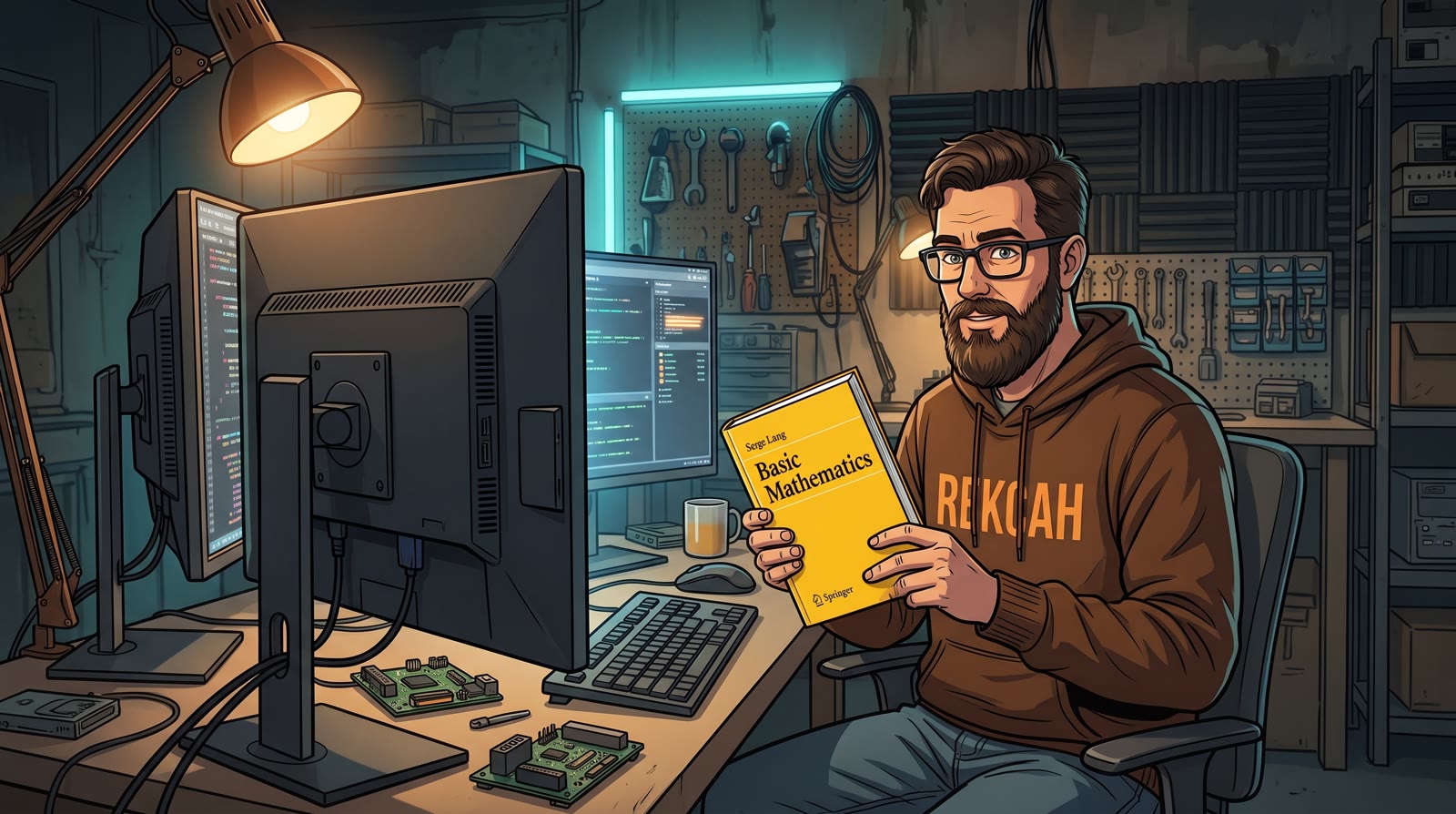A bearded man in a hoodie sits at a cluttered workbench full of monitors and circuit boards, holding a yellow copy of Serge Lang's Basic Mathematics
