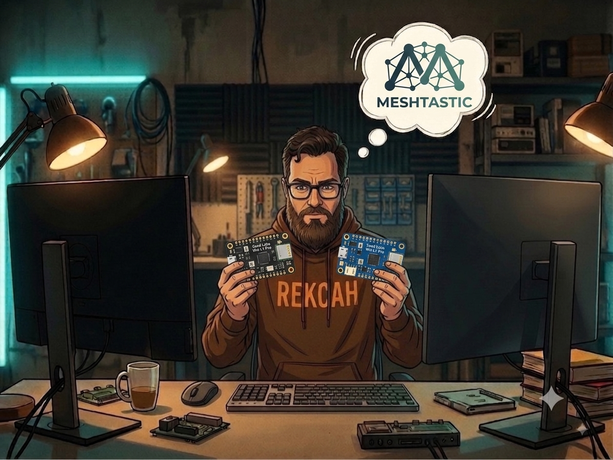 Two small LoRa mesh radio boards held up at a workbench, with the Meshtastic logo in a thought bubble overhead