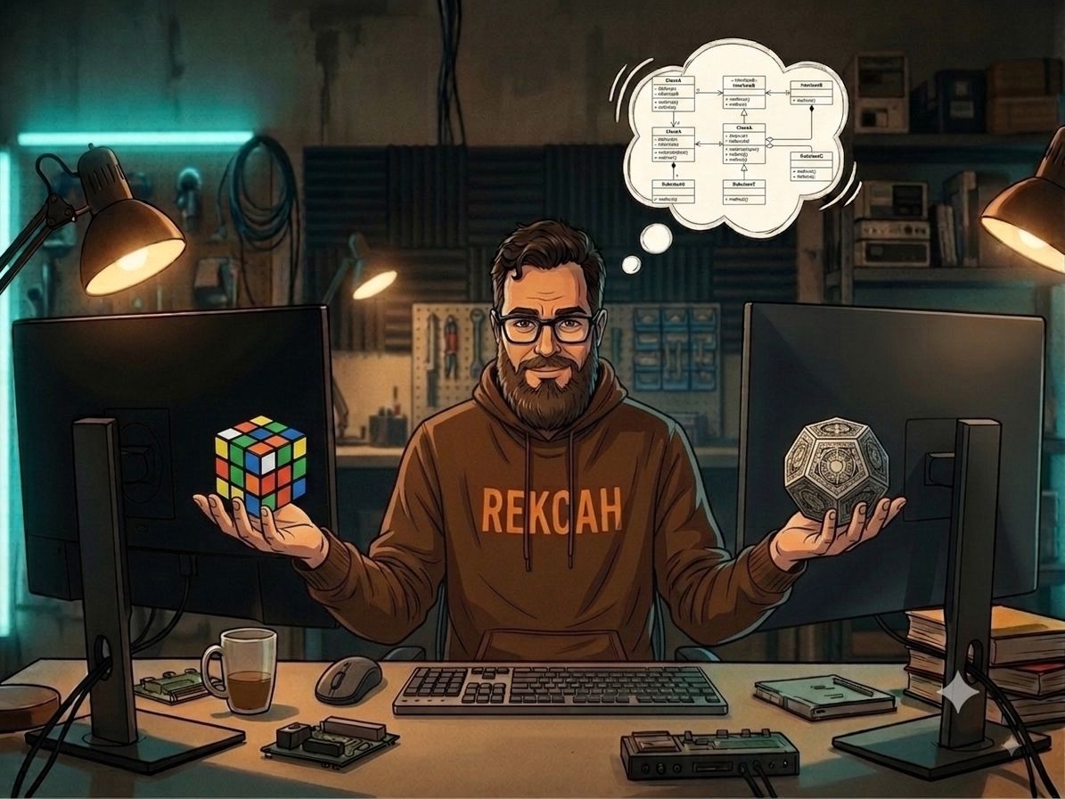 A developer at a workbench desk, holding a Rubik's cube in one hand and an ornate dodecahedron in the other, with a class diagram floating in a thought bubble overhead
