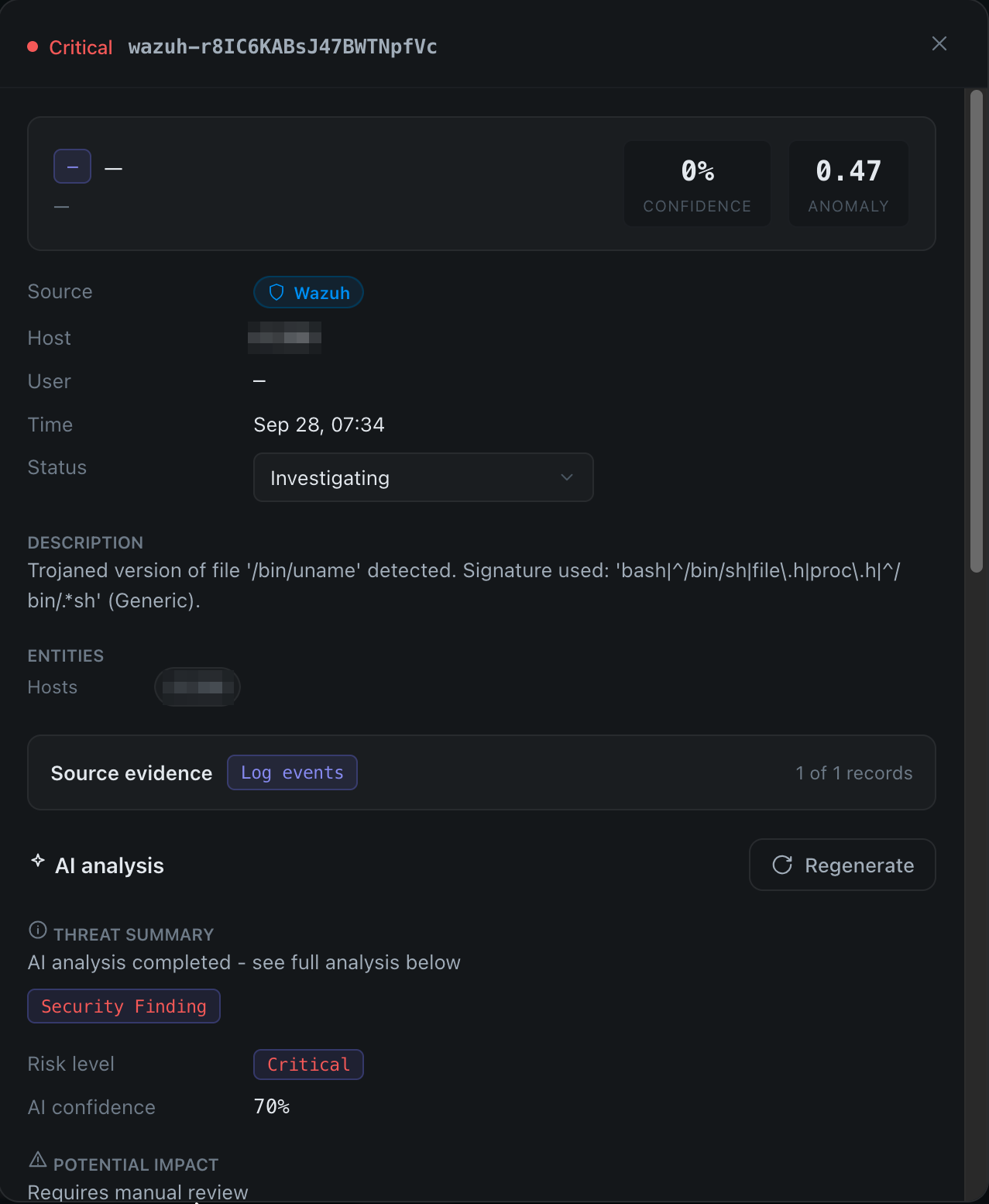 A Vigil finding marked Critical. The description reads: Trojaned version of file /bin/uname detected. The AI analysis rates the risk as Critical with 70 percent confidence.