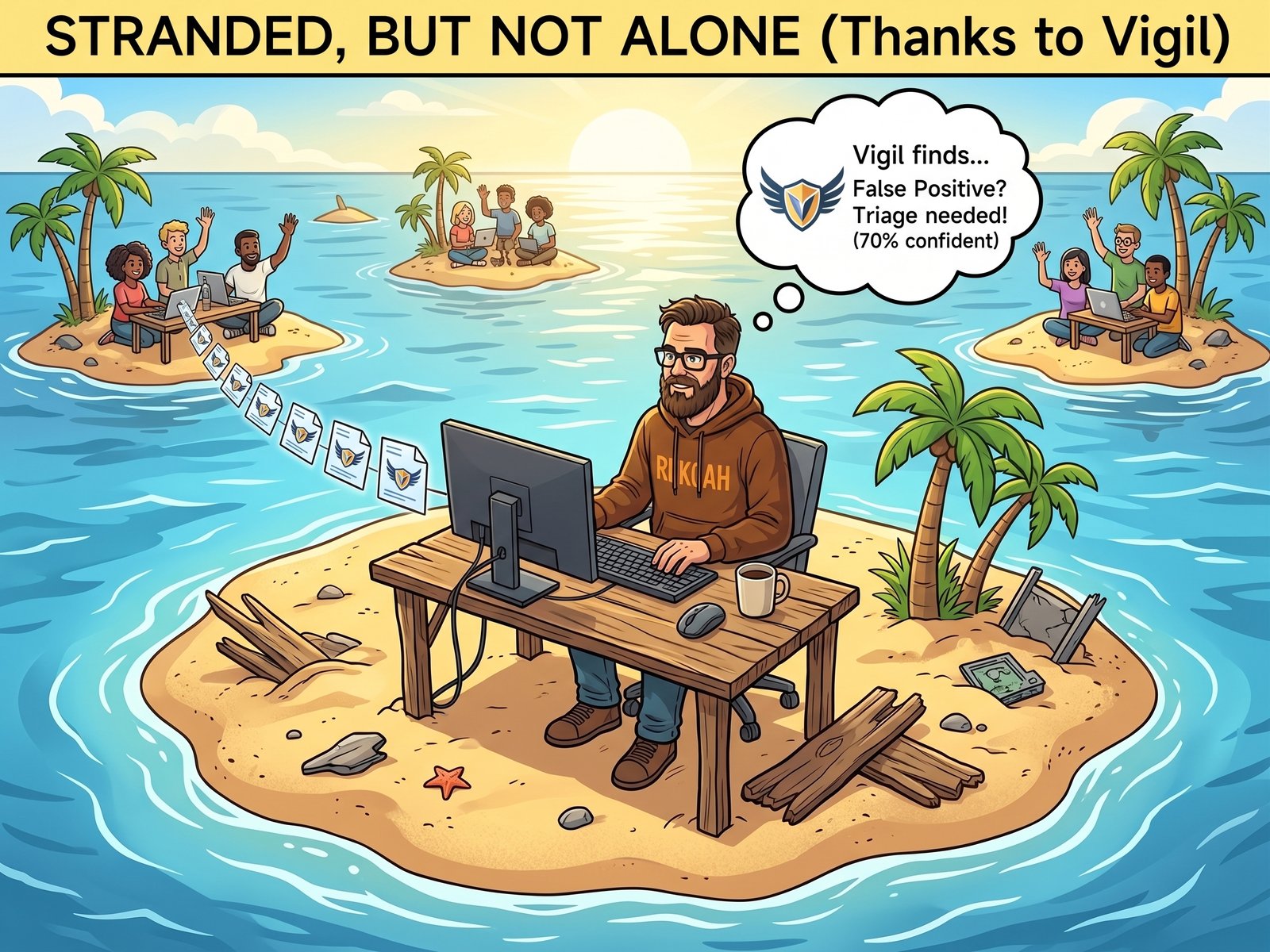 Cartoon of a bearded man at a computer on a tiny desert island, with friendly coders waving from nearby islands. The banner reads: Stranded, but not alone (thanks to Vigil).